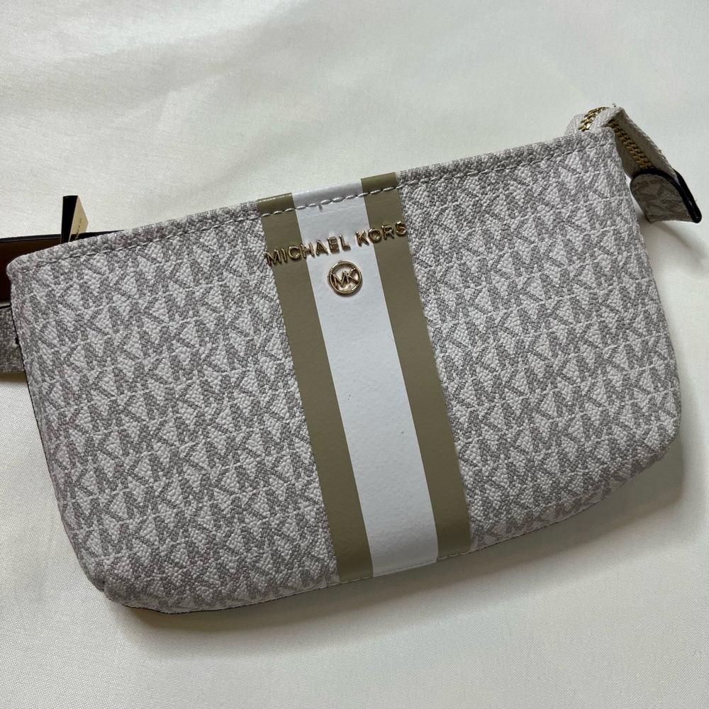 Michael Kors Beige Logo White and Taupe Stripe Belt Bag
